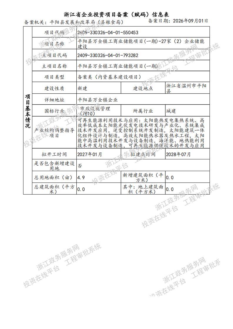 平阳县万全镇工商业储能项目获备案